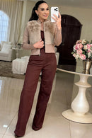 Casaco Shopie – Tricot com Pele Sintética Elegante - Bege