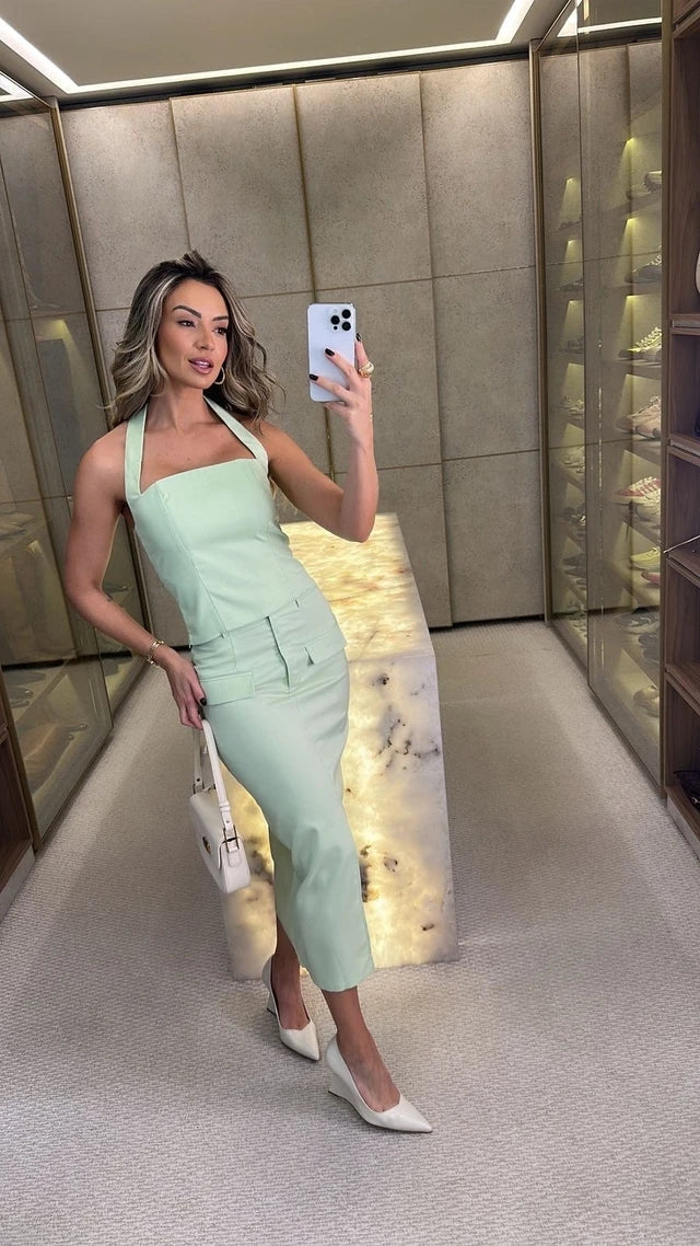 Conjunto Cindy | Blusa e Saia Midi - Verde