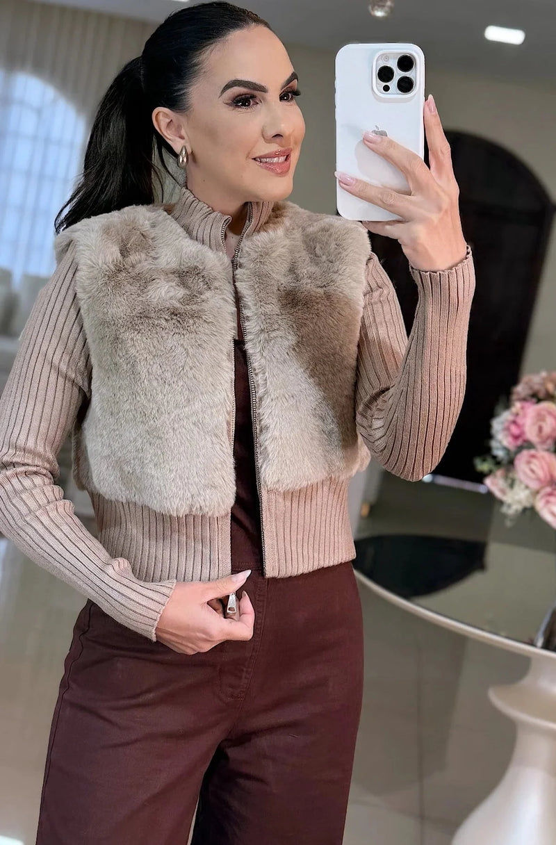 Casaco Shopie – Tricot com Pele Sintética Elegante - Bege