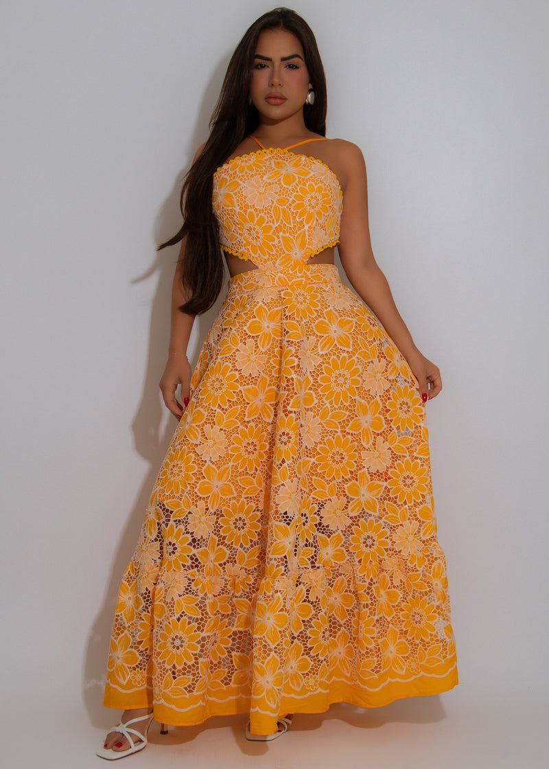 Vestido Fada Midi Floral Amarelo