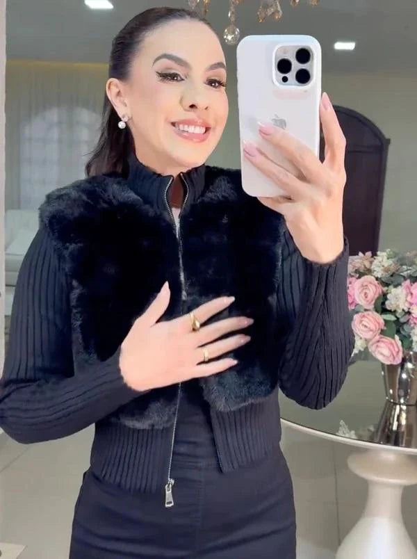 Casaco Sophie – Tricot com Pele Sintética Premium - Preto