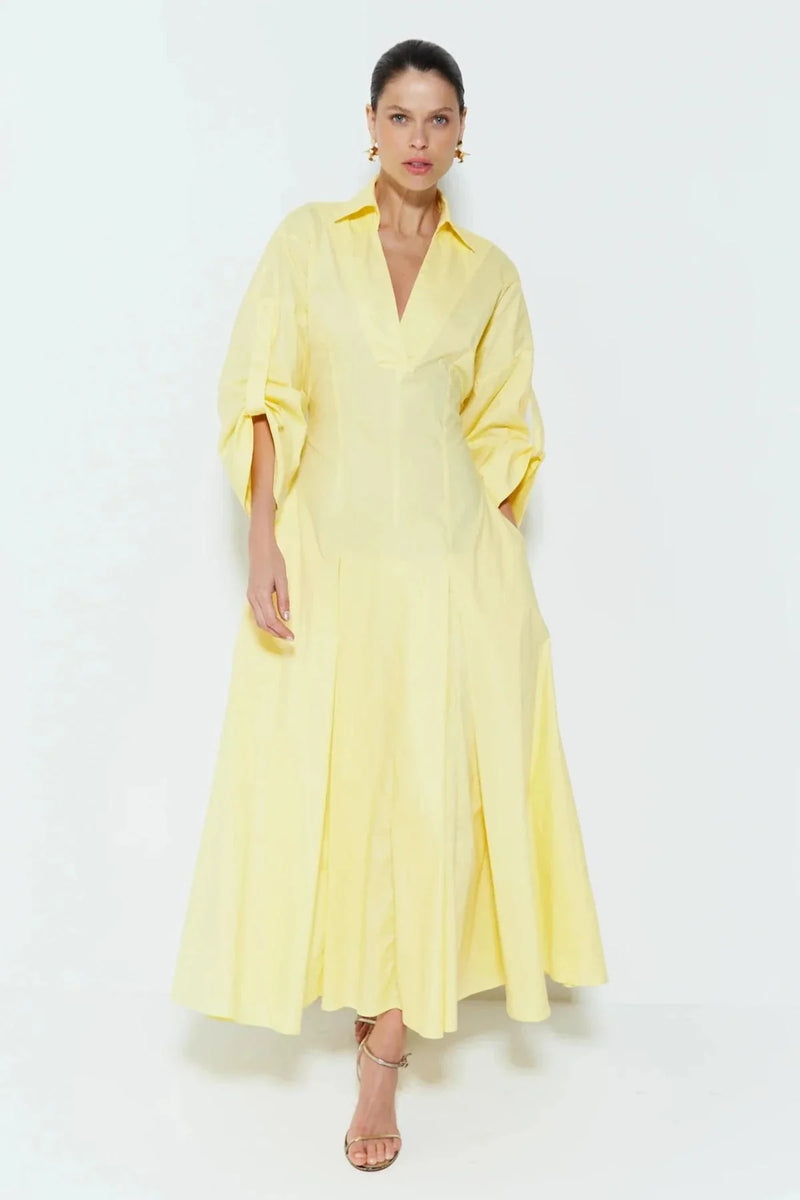 Chemise Longuete Com Decote V Barra Ampla Amarelo Manteiga