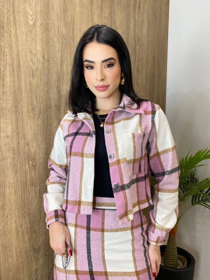 Conjunto Feminino Flanelado Beatriz Cropped e Saia Xadrez Lilás