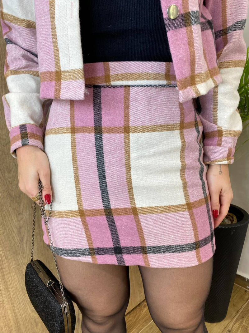 Conjunto Feminino Flanelado Beatriz Cropped e Saia Xadrez Lilás