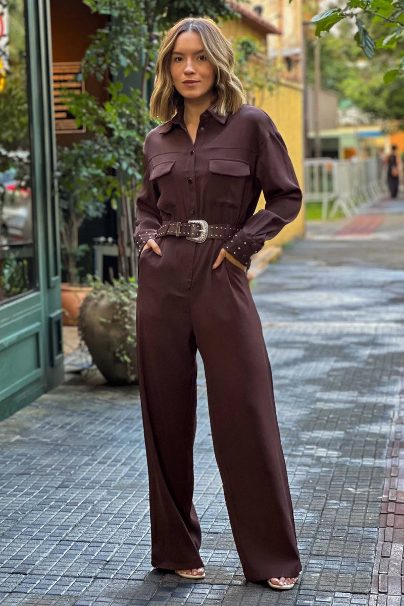 Macacão Feminino Manga Longa com Cinto