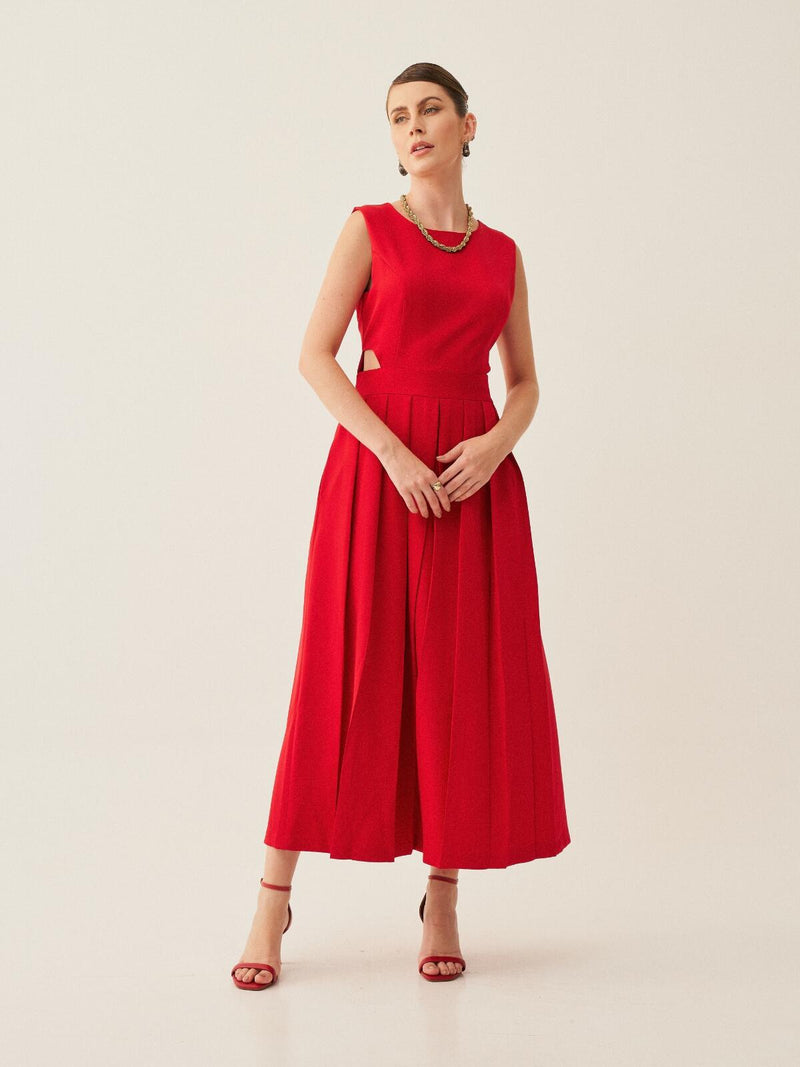 Vestido Midi Jessica em Alfaiataria com Recortes Laterais e Pregas Frontais